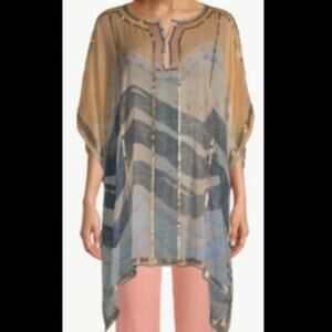 Chicos Blouse Size S/M Beaded Novelty Poncho Sequin Peach Blue Resortwear Sheer